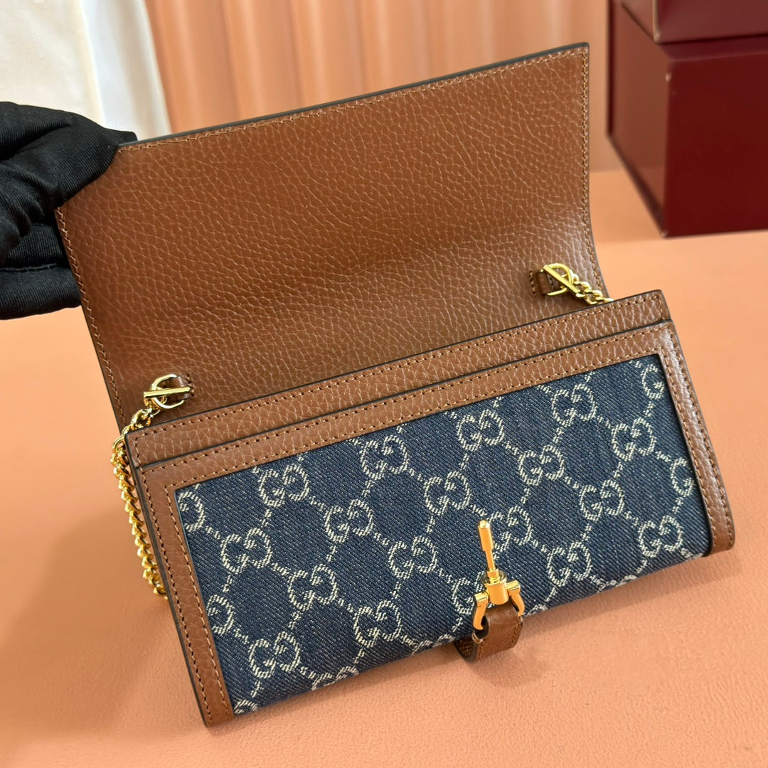 Gucci Jackie Chain Wallet Blue Brown Canvas Leather 255173 mysite