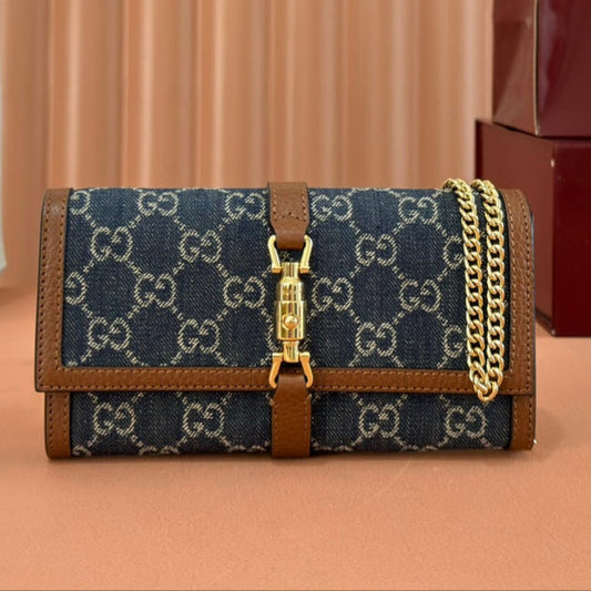 Gucci Jackie Chain Wallet Blue Brown Canvas Leather 255173 mysite