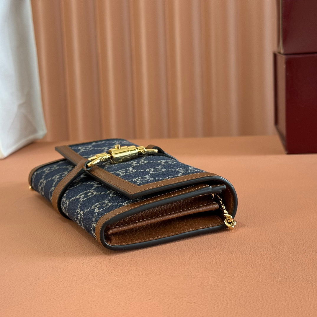 Gucci Jackie Chain Wallet Blue Brown Canvas Leather 255173 mysite