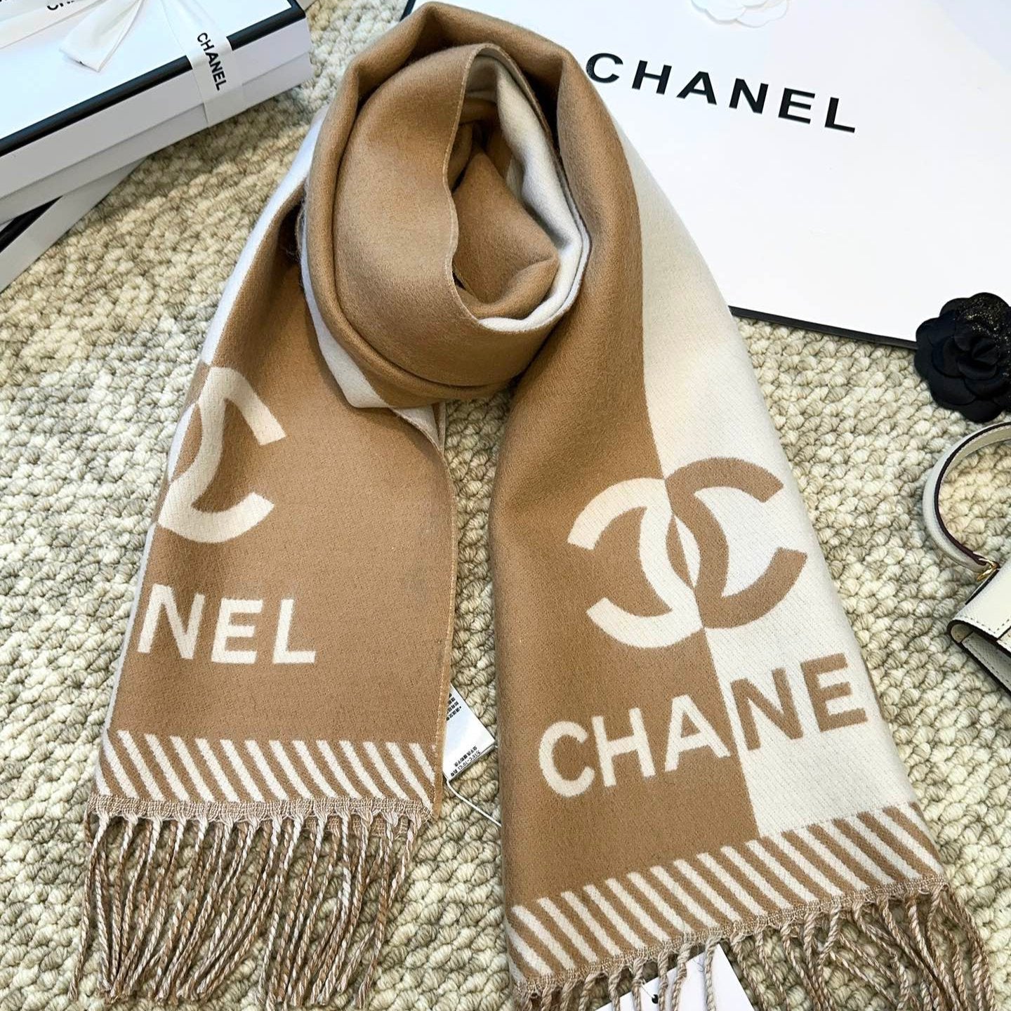 SCARF 184 CM IN PEANUT BROWN MIX WHITE MERINO WOOL 393121 mysite