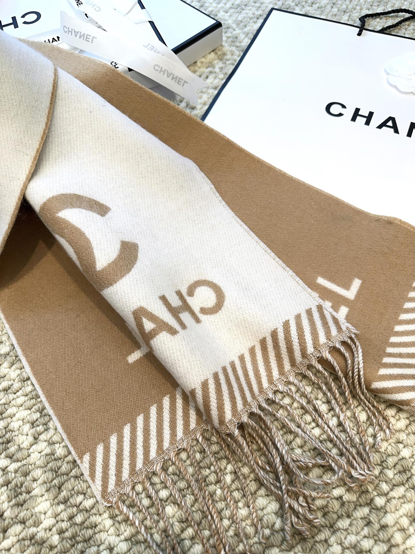 SCARF 184 CM IN PEANUT BROWN MIX WHITE MERINO WOOL 393121 mysite