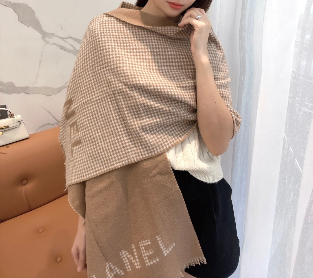 HOUNDSTOOTH SCARF 185 CM IN CAMEL BROWN CASHMERE 393124 mysite