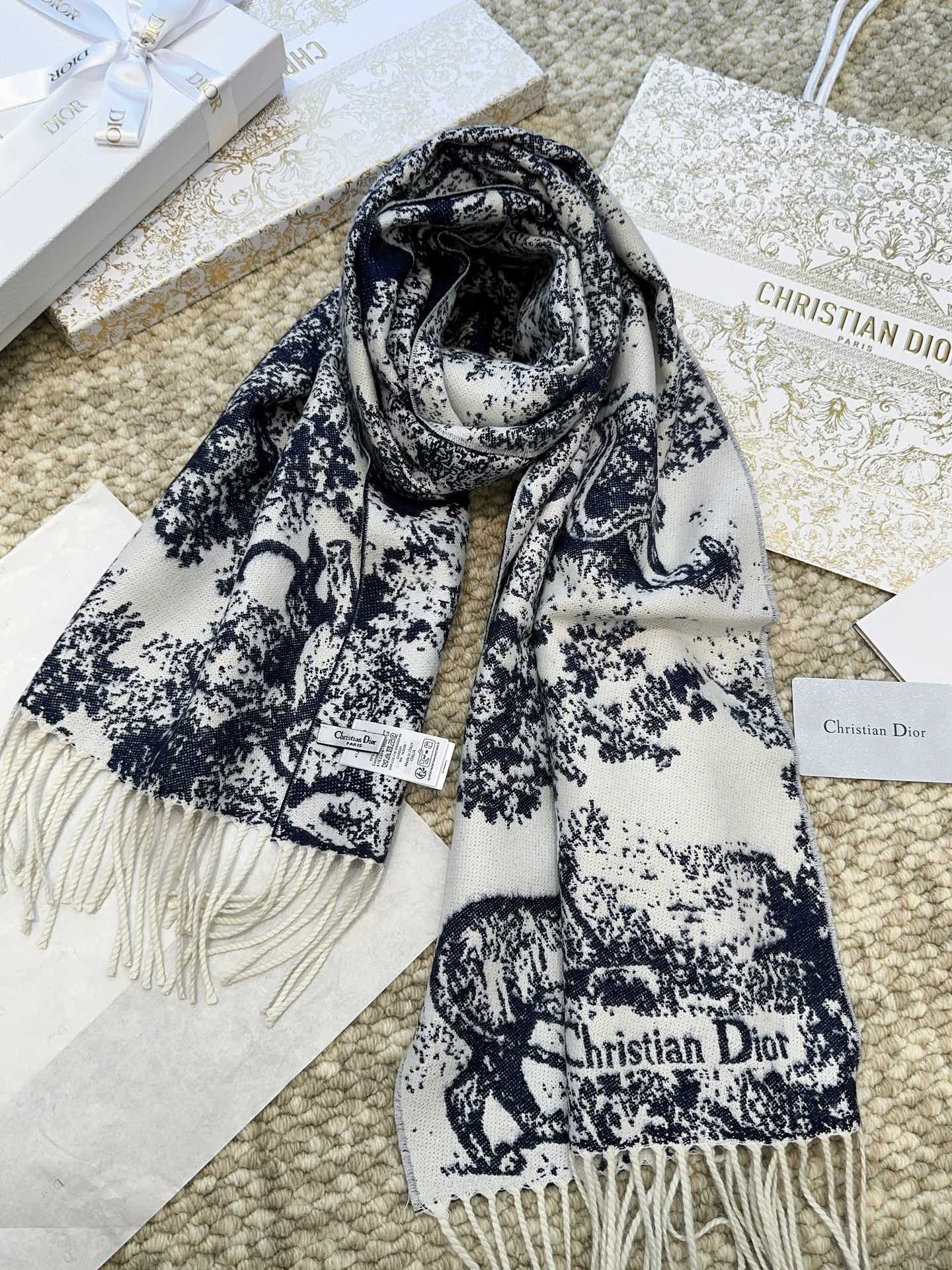 SCARF 220 CM IN NAVY BLUE MIX WHITE MONOGRAM CASHMERE AND WOOL 413656 mysite