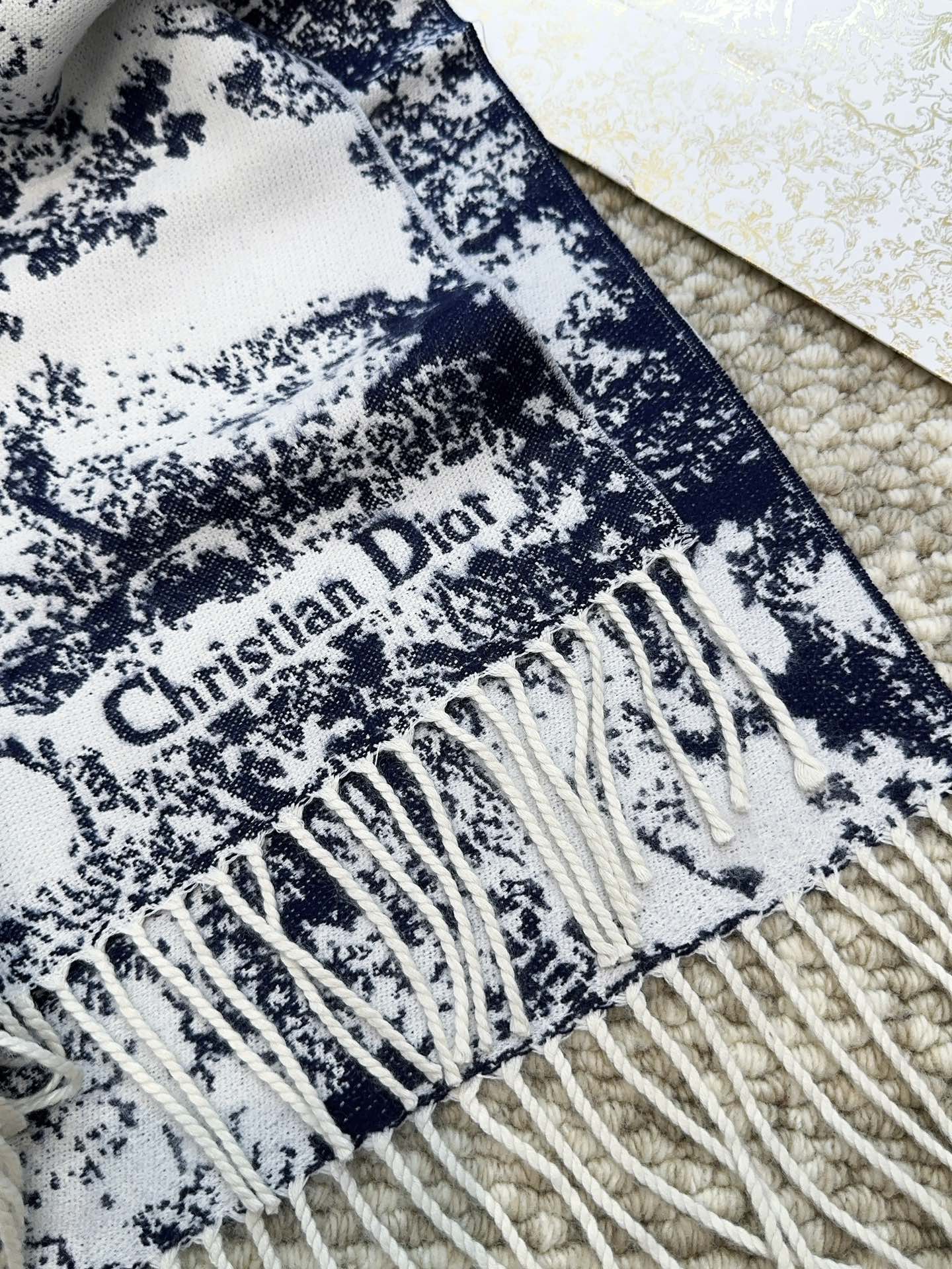 SCARF 220 CM IN NAVY BLUE MIX WHITE MONOGRAM CASHMERE AND WOOL 413656 mysite