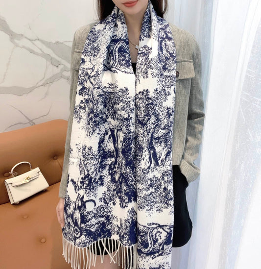 SCARF 220 CM IN NAVY BLUE MIX WHITE MONOGRAM CASHMERE AND WOOL 413656 mysite
