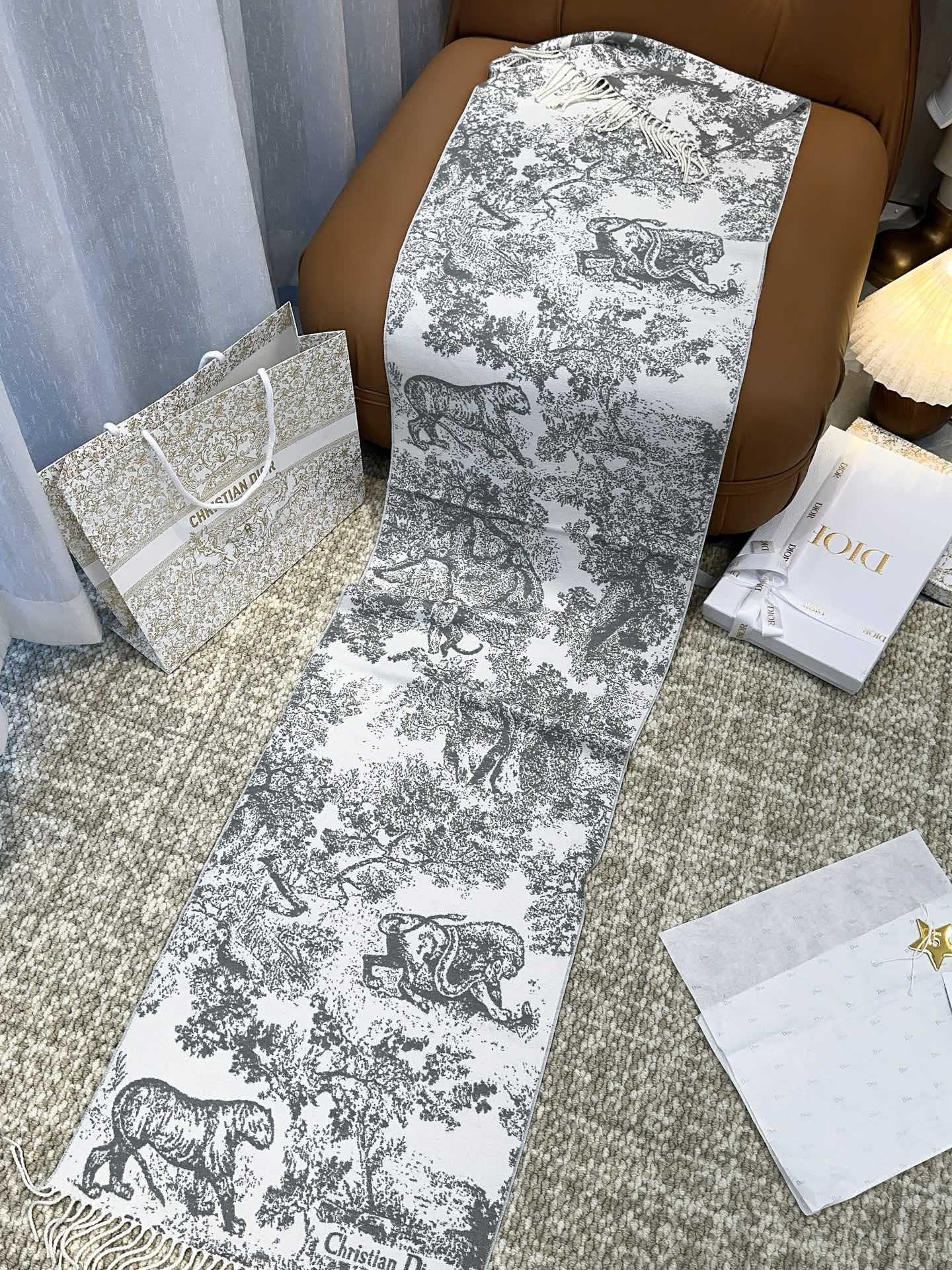 SCARF 220 CM IN WHITE MIX LIGHT GRAY MONOGRAM CASHMERE AND WOOL 413657 mysite