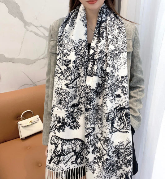 SCARF 220 CM IN BLACK MIX WHITE MONOGRAM CASHMERE AND WOOL 413658 mysite