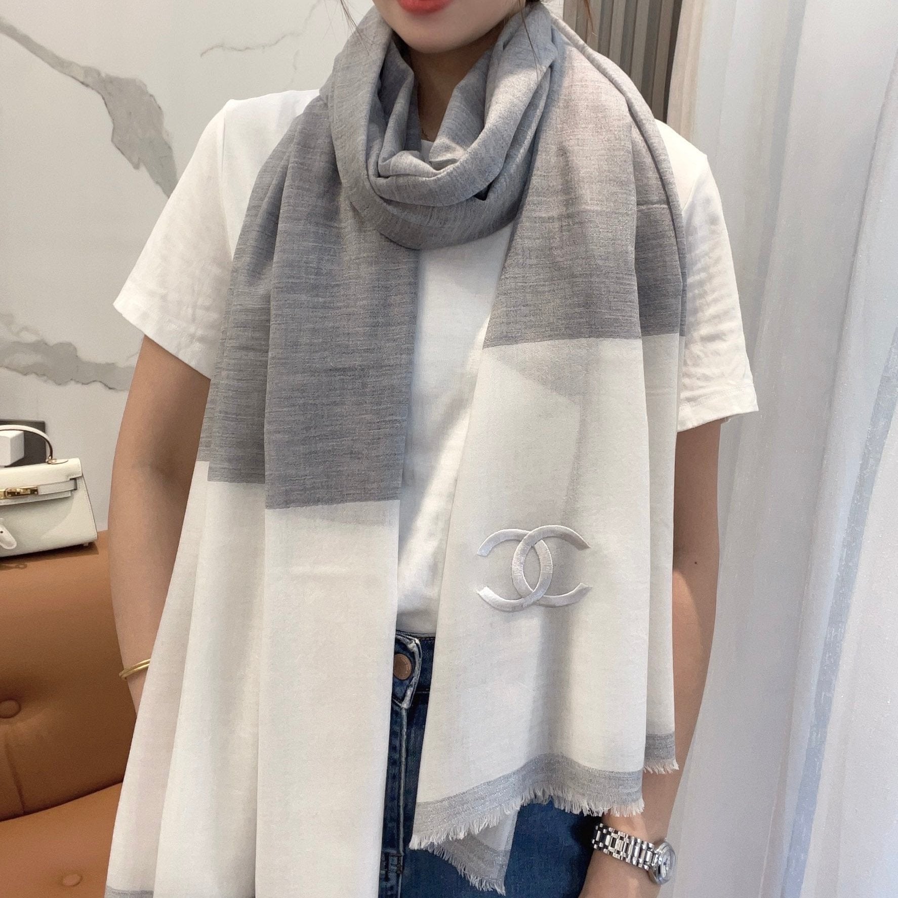 SCARF 200 CM IN DOVE GRAY MIX WHITE CASHMERE 402260 mysite
