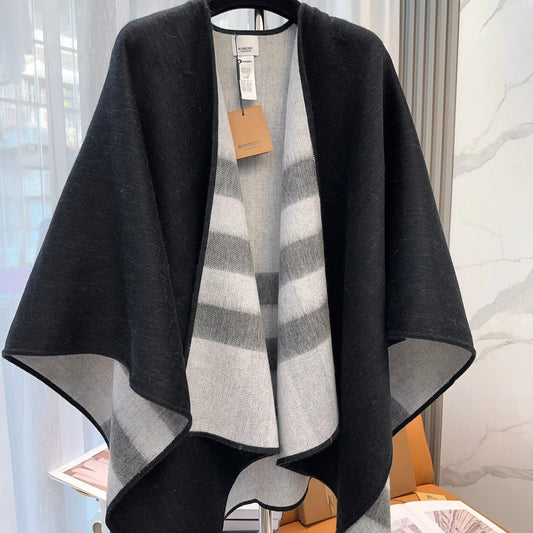 REVERSIBLE CHECK CASHMERE CAPE BLACK AND LIGHT GRAY 410135 mysite