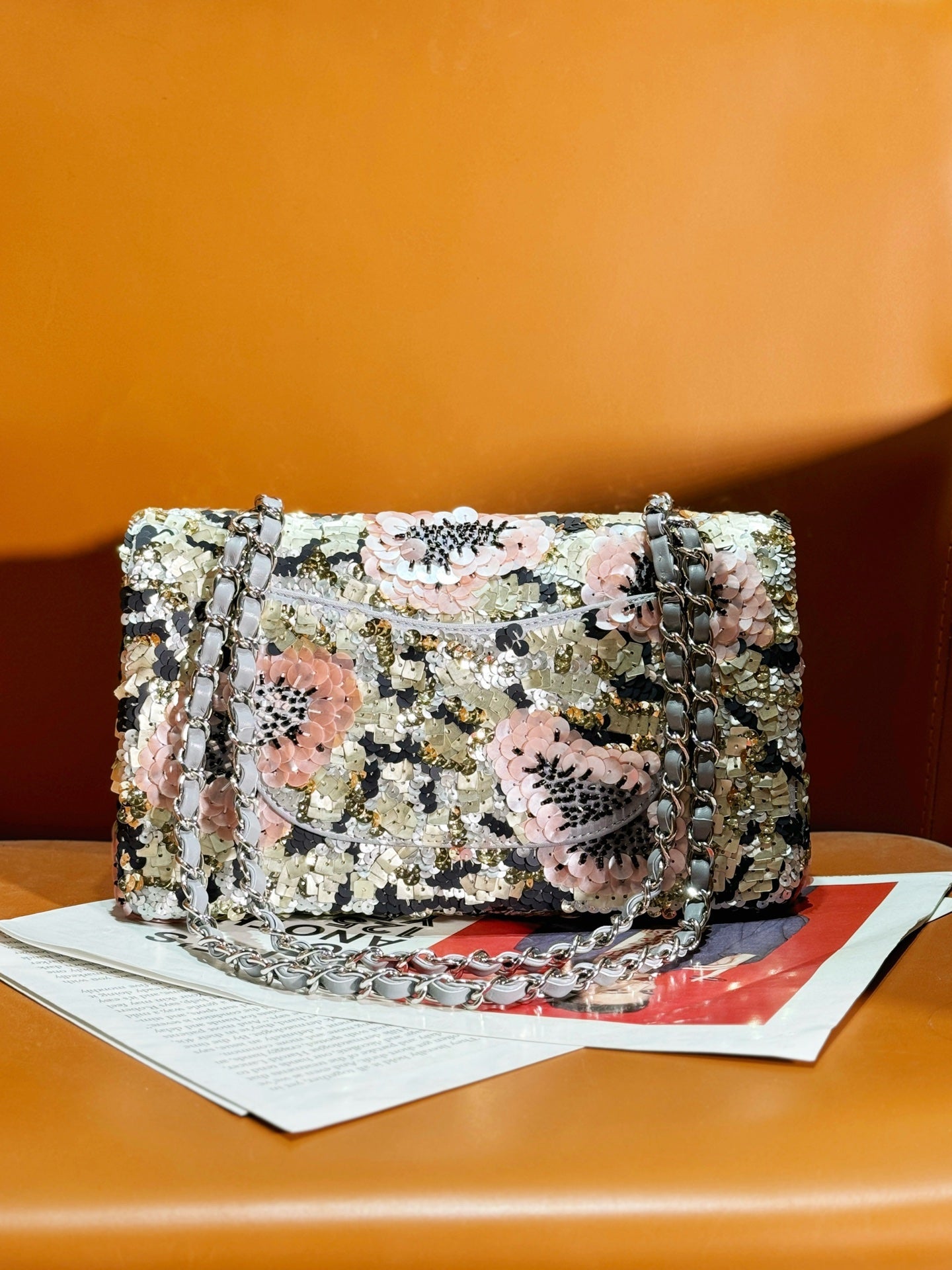 24S Flap Bag 25.5cm Multicolor Sequin Pink Flower Pearl Caflskin mysite