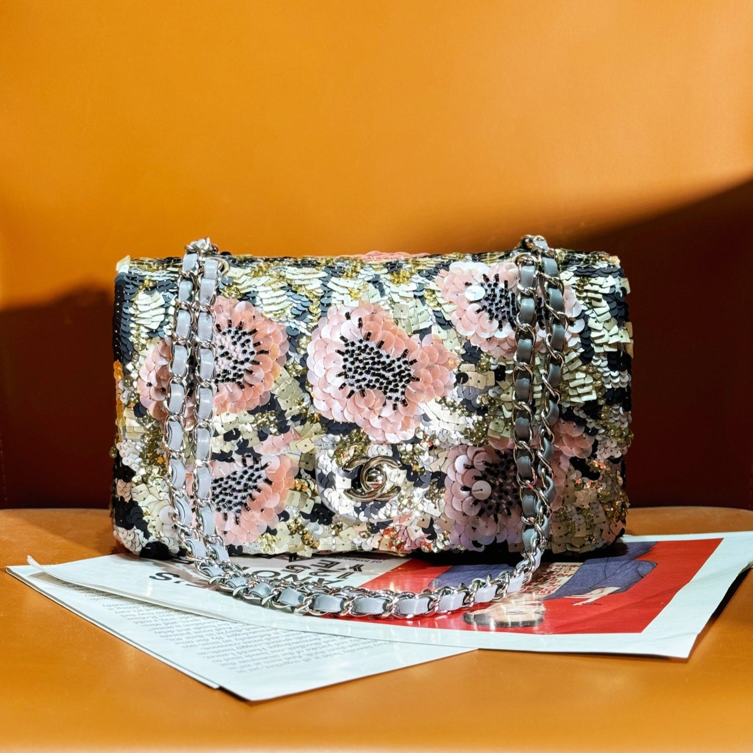 24S Flap Bag 25.5cm Multicolor Sequin Pink Flower Pearl Caflskin mysite