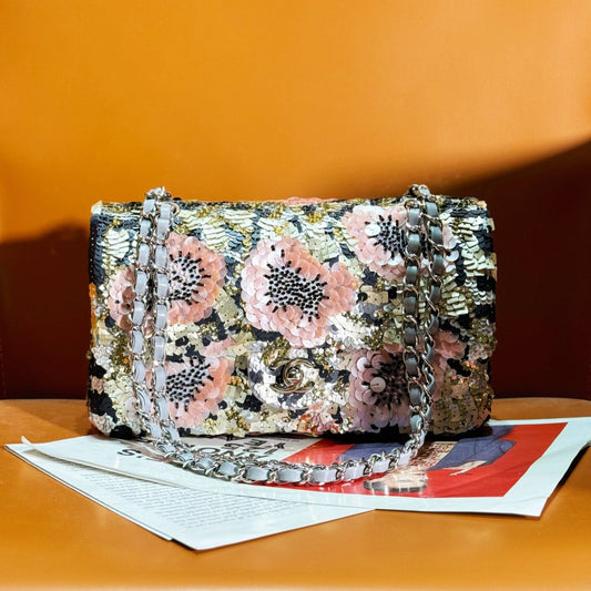 24S Flap Bag 25.5cm Multicolor Sequin Pink Flower Pearl Caflskin mysite