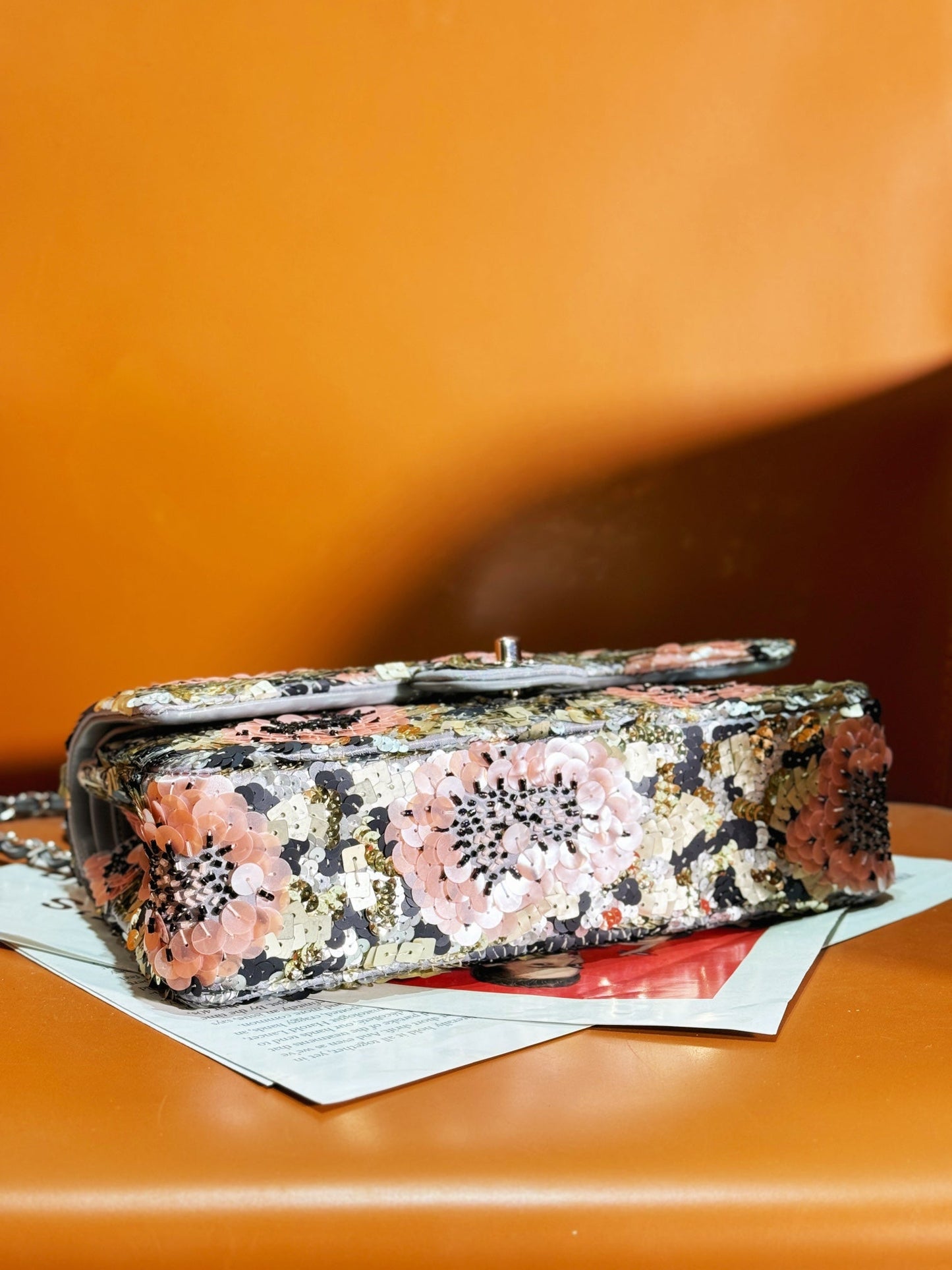 24S Flap Bag 25.5cm Multicolor Sequin Pink Flower Pearl Caflskin mysite