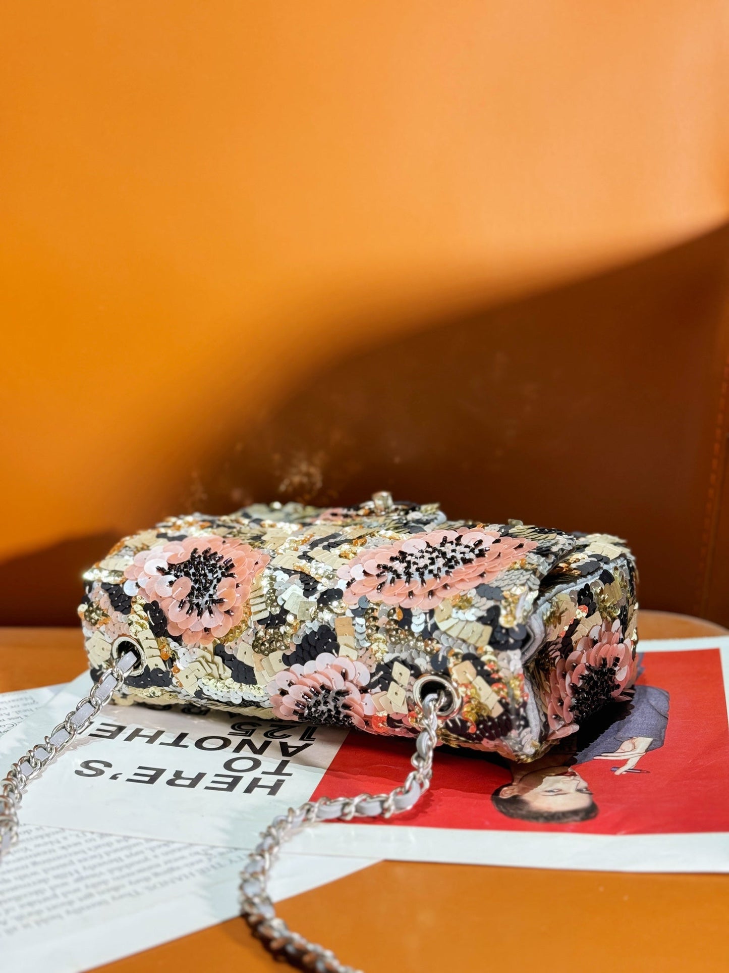 24S Flap Bag 20cm Multicolor Sequin Pink Flower Pearl Caflskin mysite