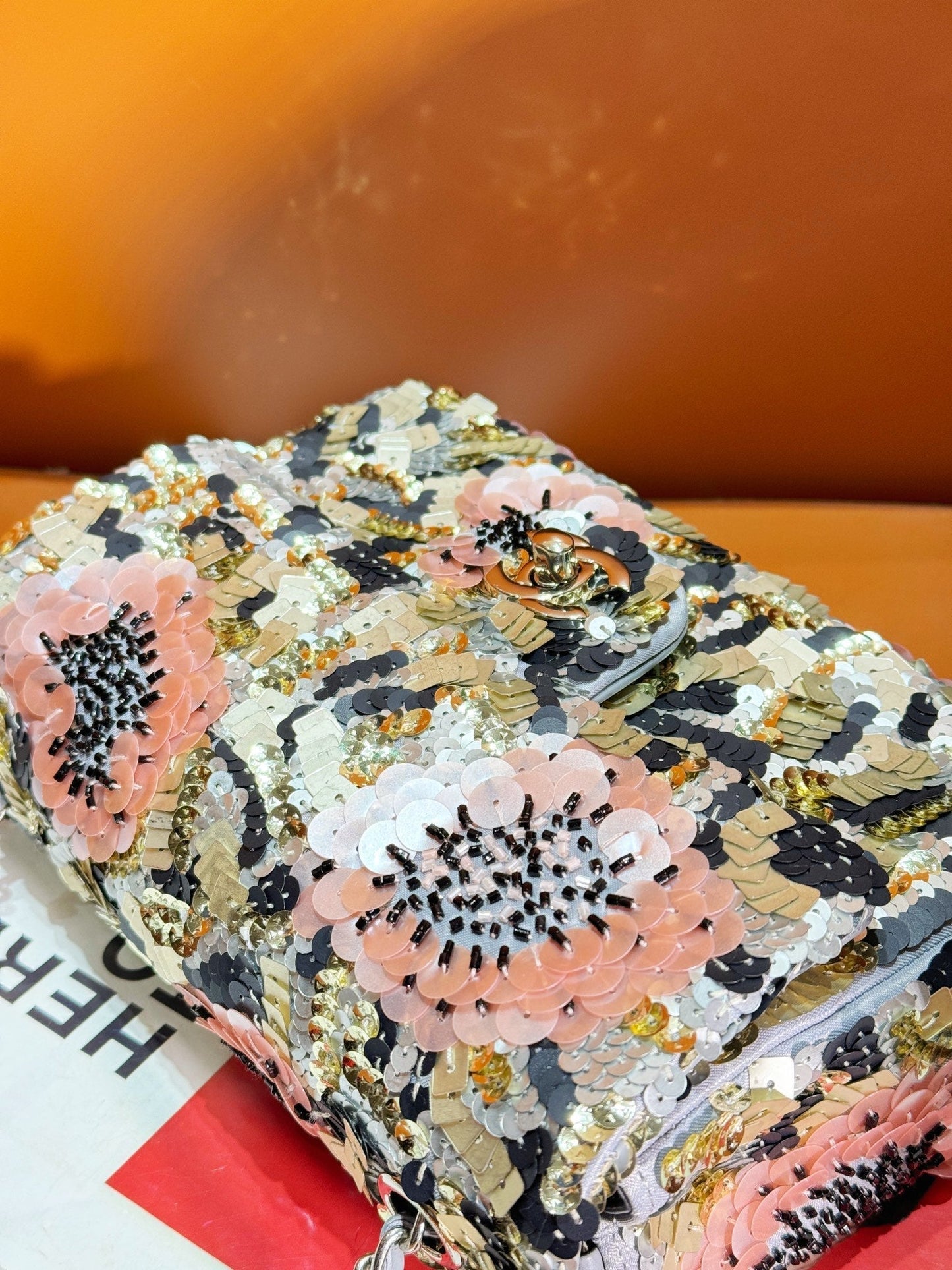 24S Flap Bag 20cm Multicolor Sequin Pink Flower Pearl Caflskin mysite