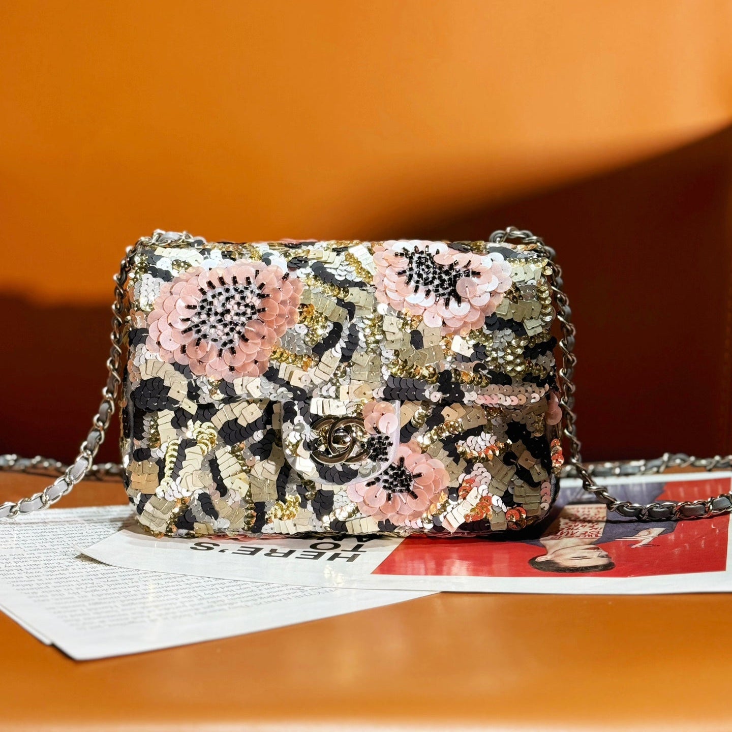 24S Flap Bag 20cm Multicolor Sequin Pink Flower Pearl Caflskin mysite