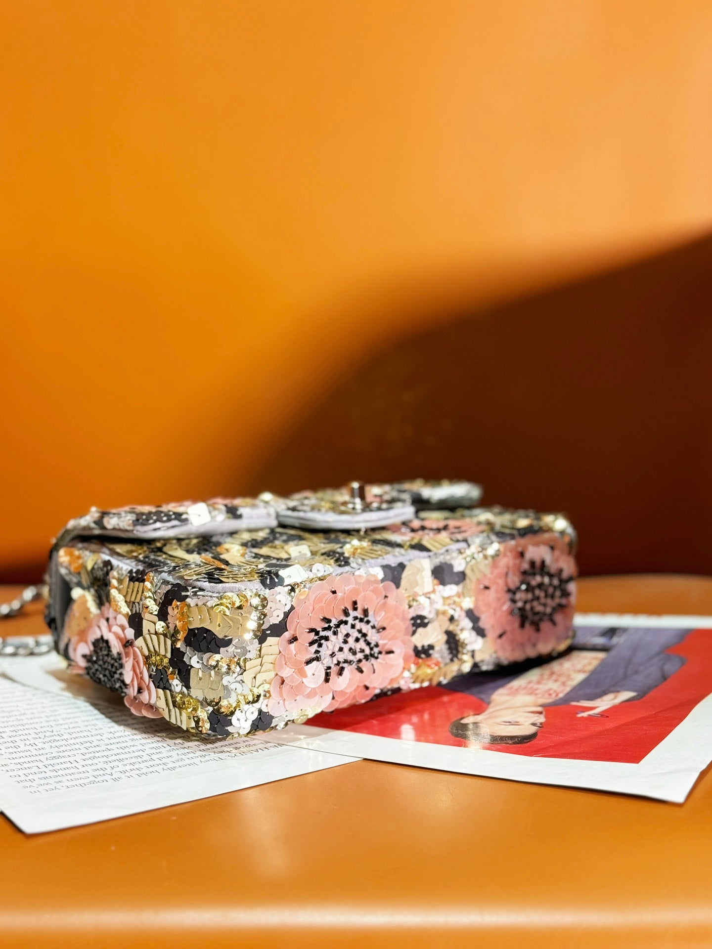 24S Flap Bag 20cm Multicolor Sequin Pink Flower Pearl Caflskin mysite