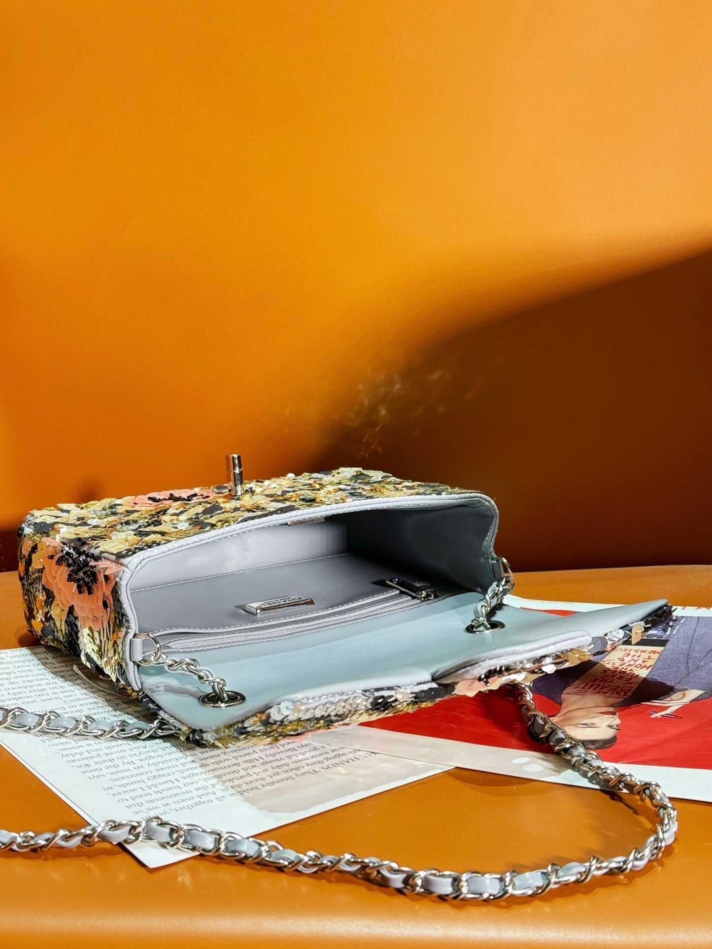 24S Flap Bag 20cm Multicolor Sequin Pink Flower Pearl Caflskin mysite