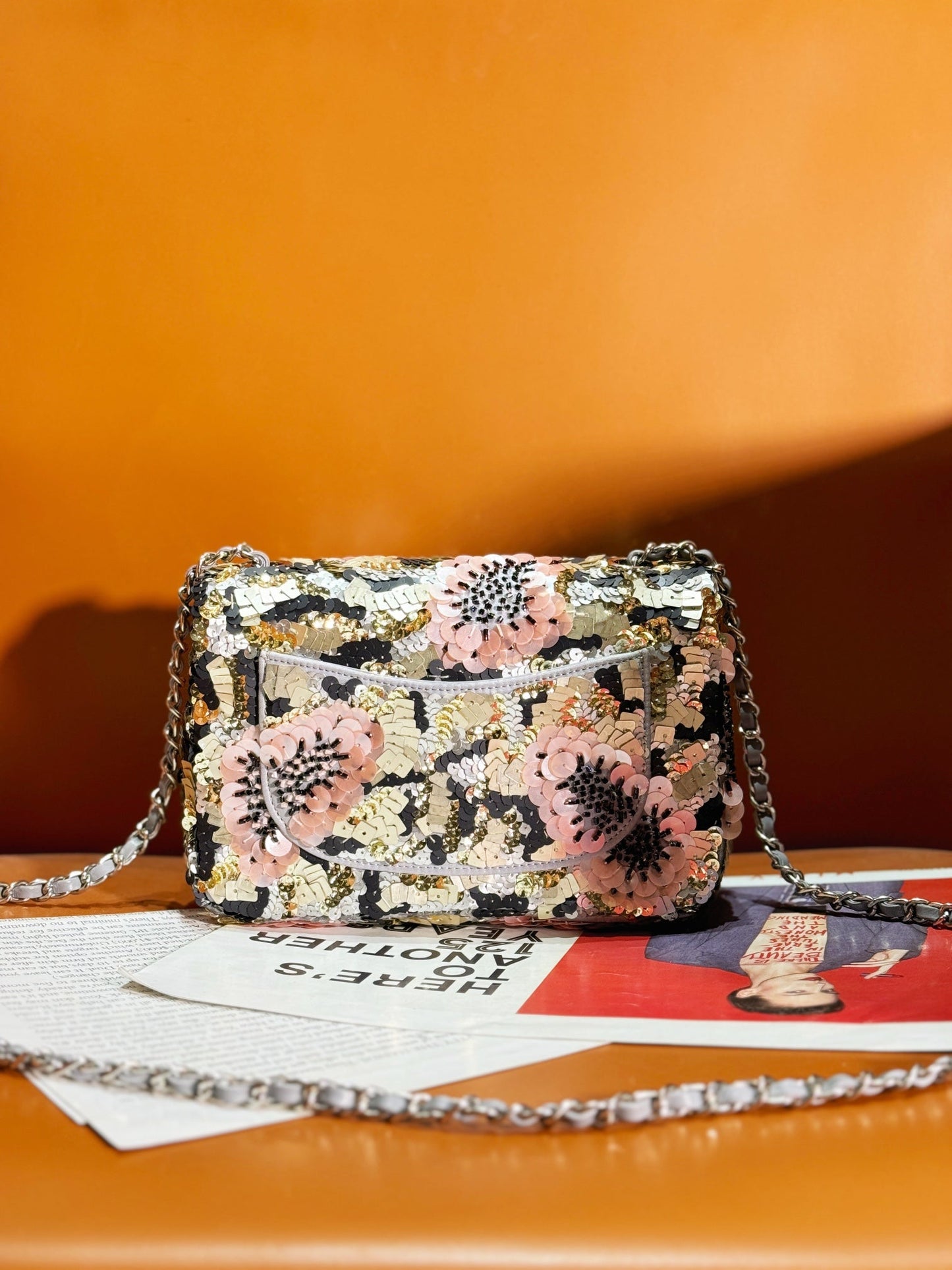 24S Flap Bag 20cm Multicolor Sequin Pink Flower Pearl Caflskin mysite