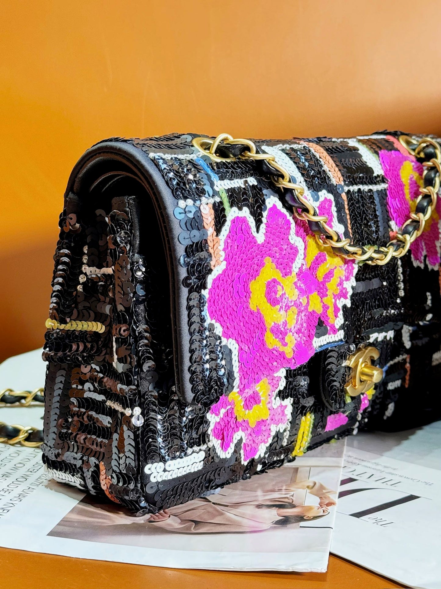 24S Flap Bag 25.5cm Black White Purple Sequin mysite
