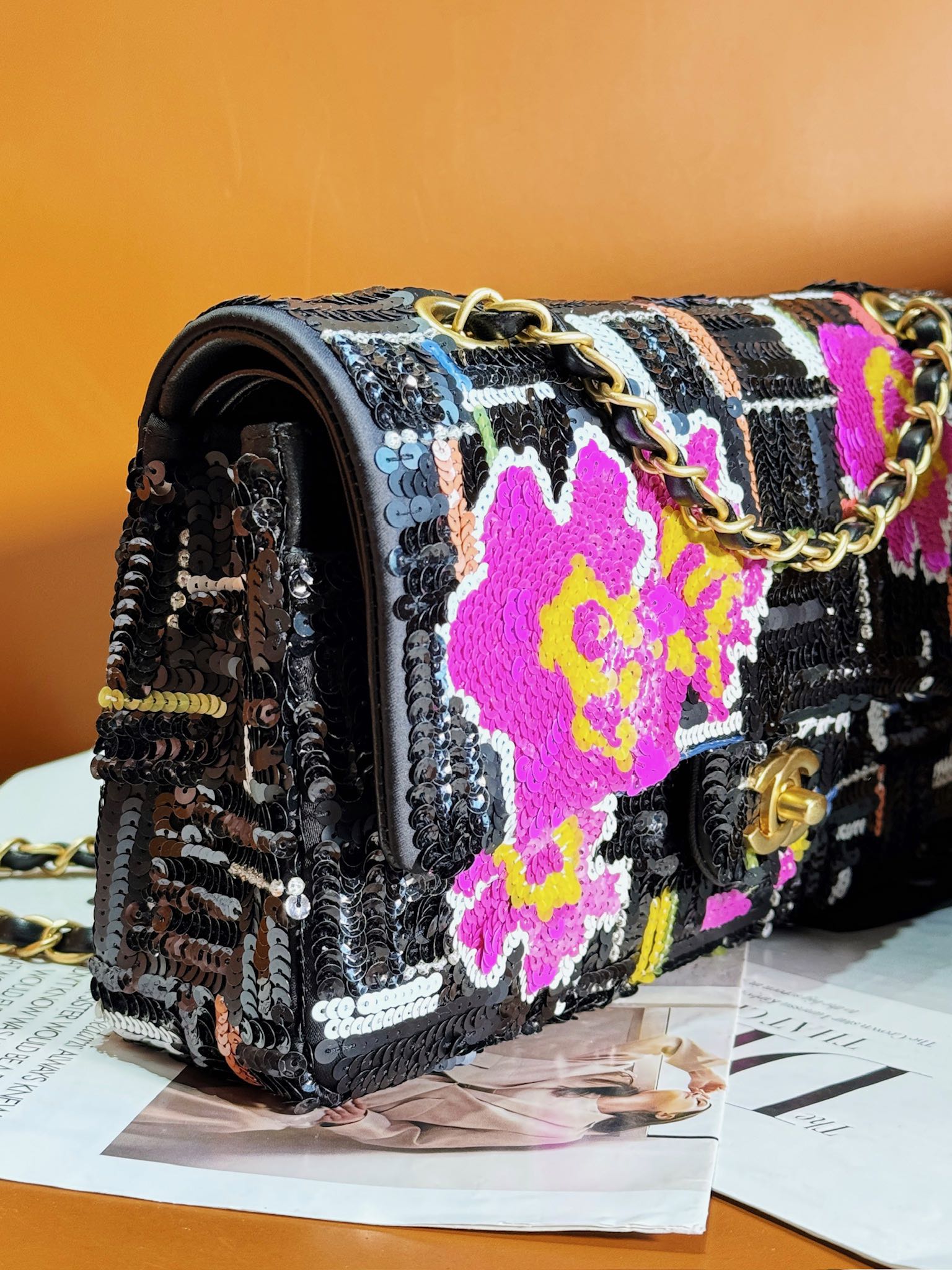 24S Flap Bag 25.5cm Black White Purple Sequin mysite
