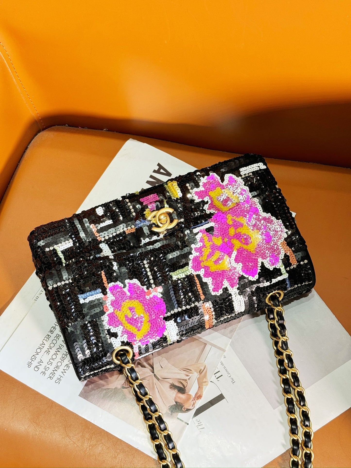 24S Flap Bag 25.5cm Black White Purple Sequin mysite