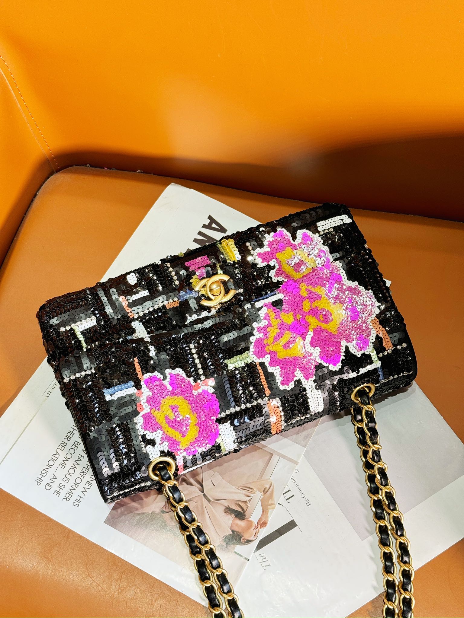 24S Flap Bag 25.5cm Black White Purple Sequin mysite