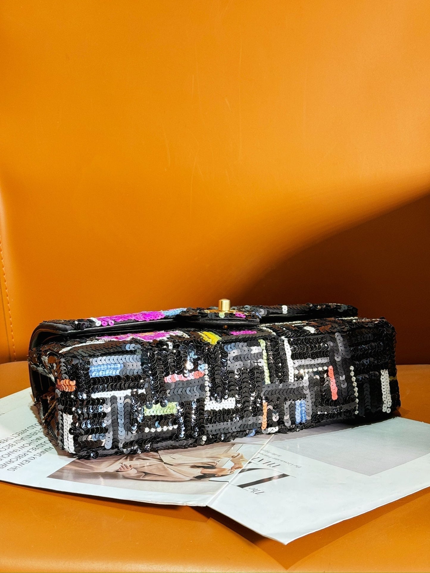 24S Flap Bag 25.5cm Black White Purple Sequin mysite