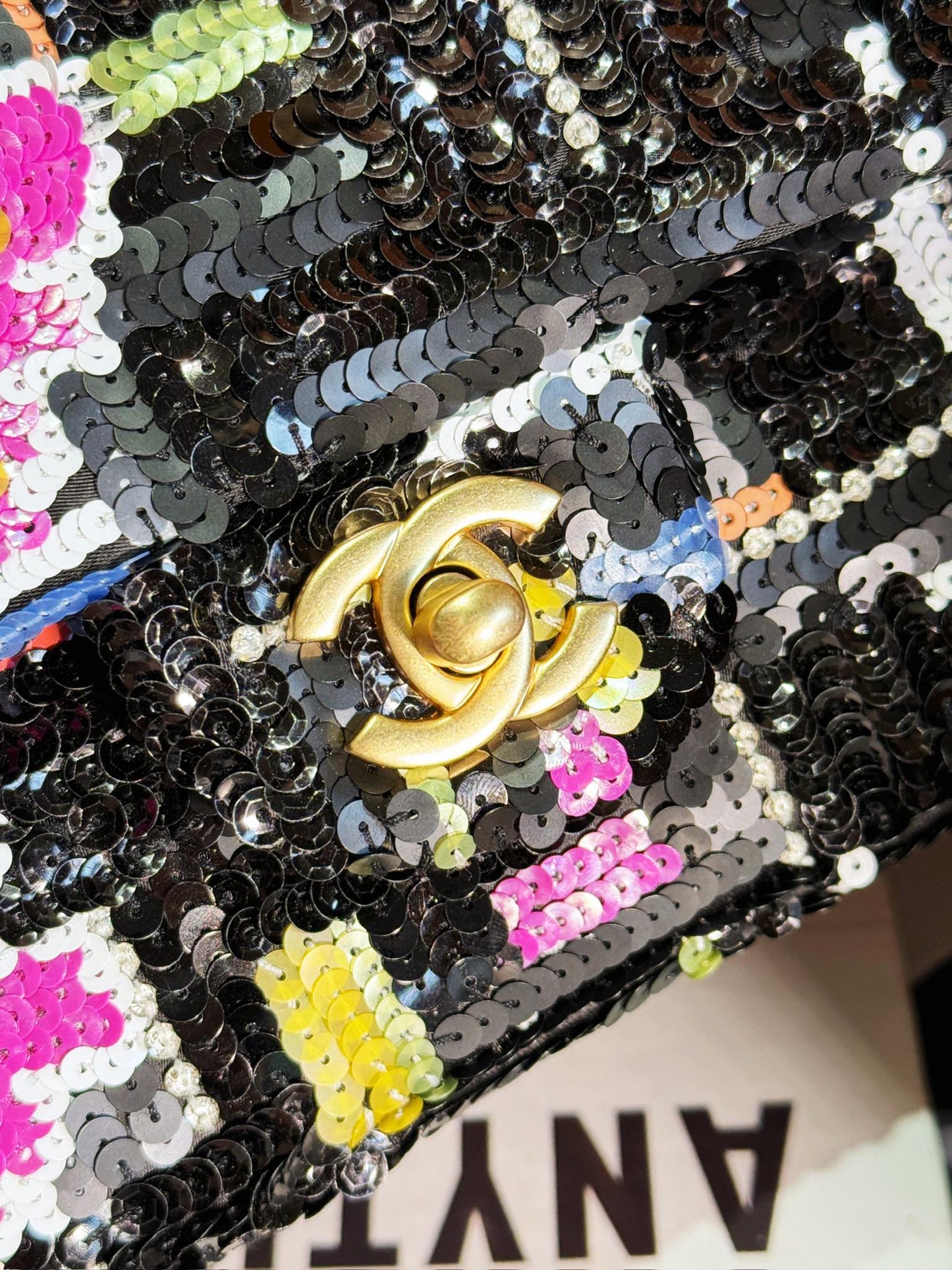 24S Flap Bag 25.5cm Black White Purple Sequin mysite