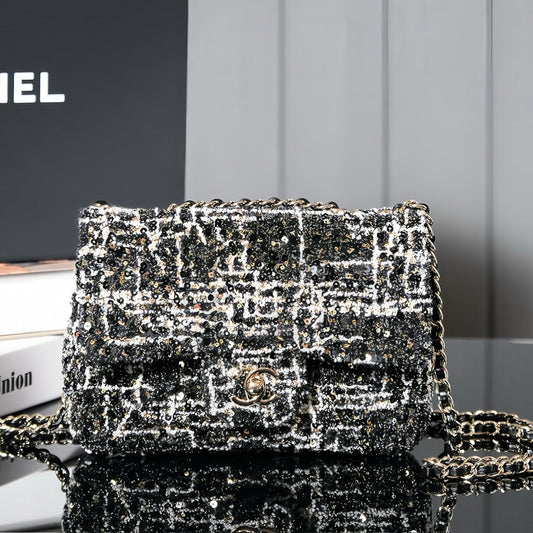 24S Flap Bag 20cm Black White Sequin Calfskin mysite