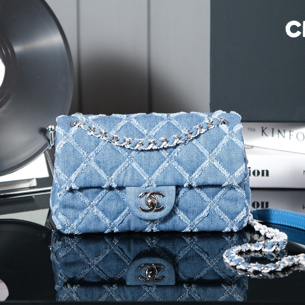 24S Flap Bag 20cm Blue Quilted Denim mysite