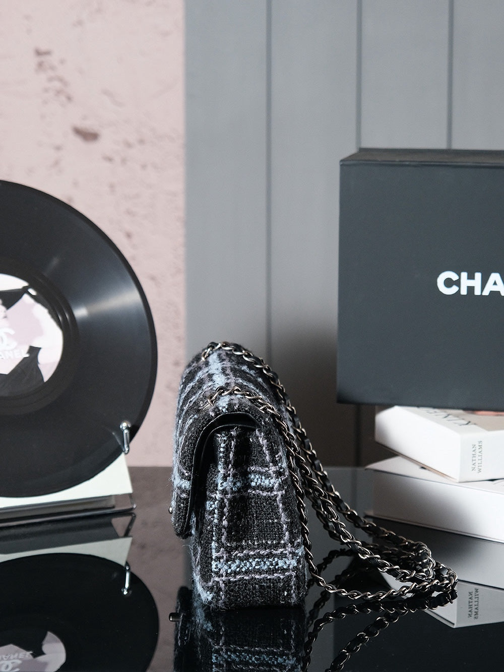 24K Flap Bag 25.5cm Blue Black Stripe Tweed mysite