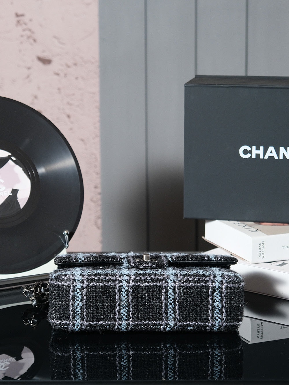 24K Flap Bag 25.5cm Blue Black Stripe Tweed mysite