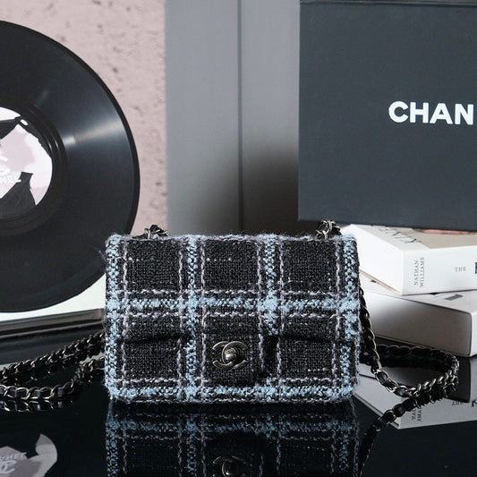 24K Flap Bag 20cm Blue Black Stripe Tweed mysite