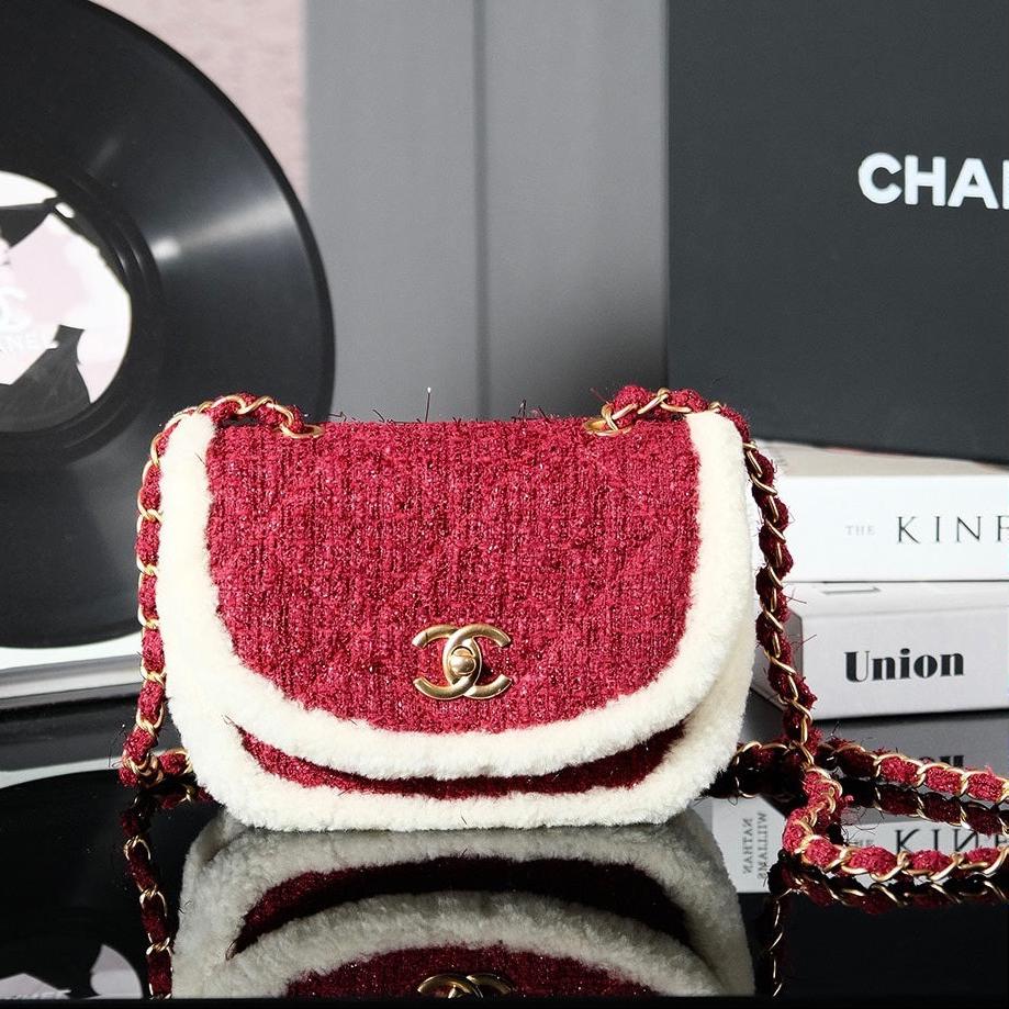 CC 24N Flap Bag 20cm Red Beige Tweed Sherling mysite