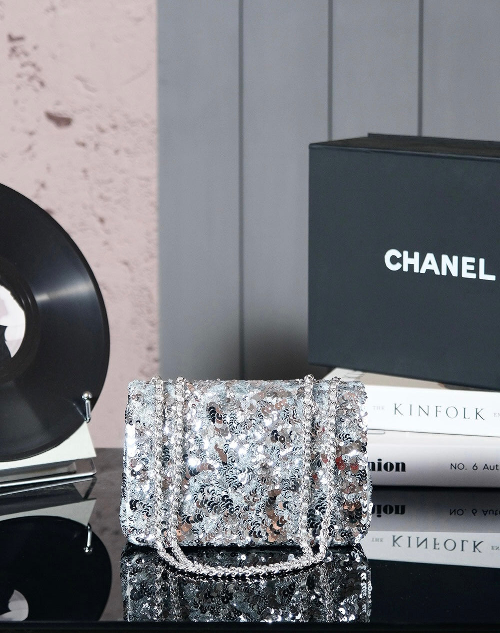 25C Flap Bag 21cm Dense Silver Sequin White Calfskin mysite