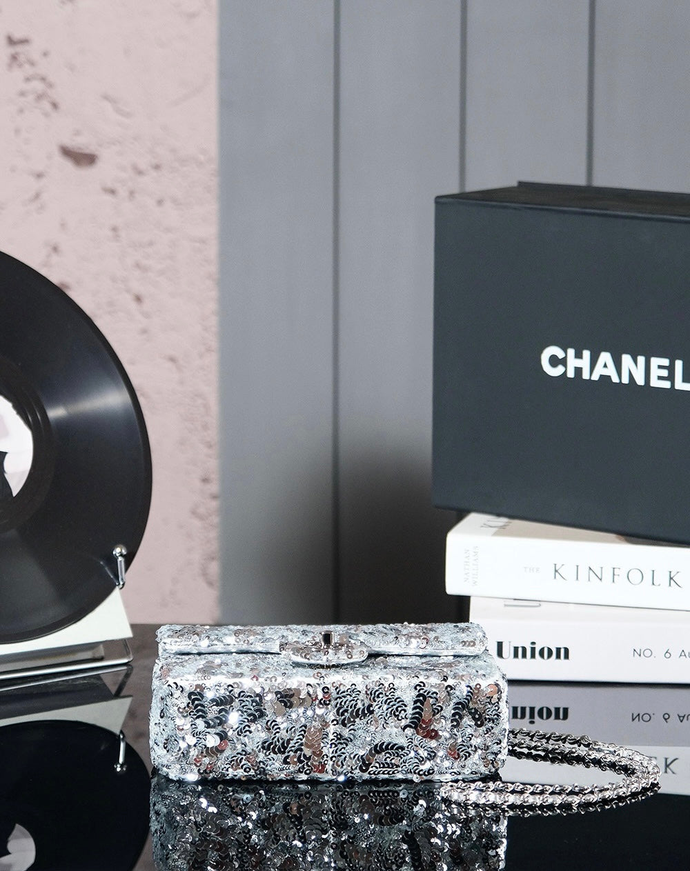 25C Flap Bag 21cm Dense Silver Sequin White Calfskin mysite