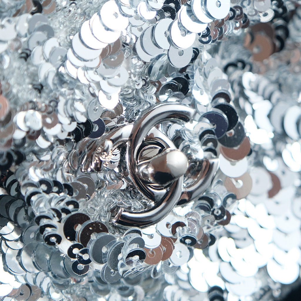 25C Flap Bag 21cm Dense Silver Sequin White Calfskin mysite