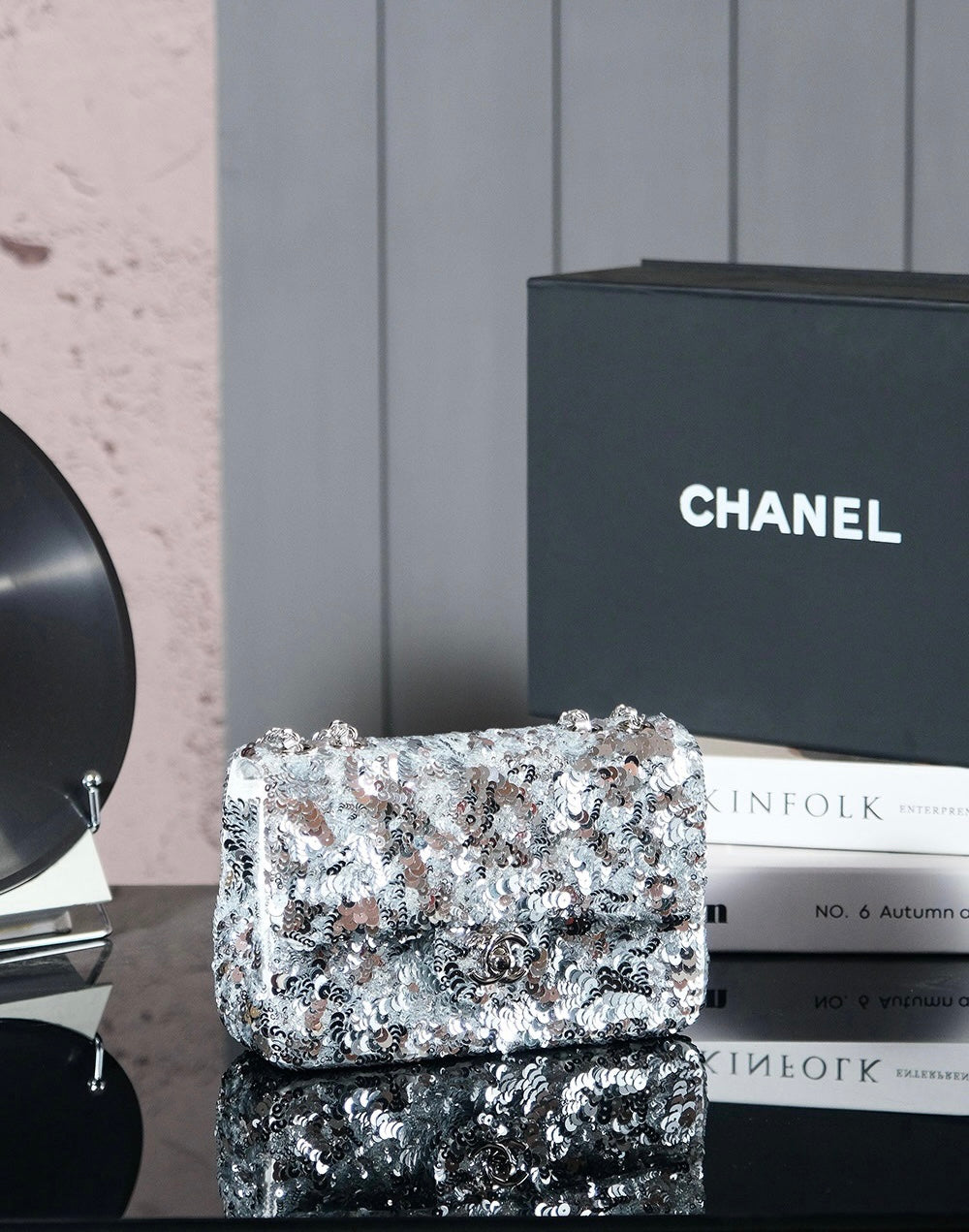 25C Flap Bag 21cm Dense Silver Sequin White Calfskin mysite