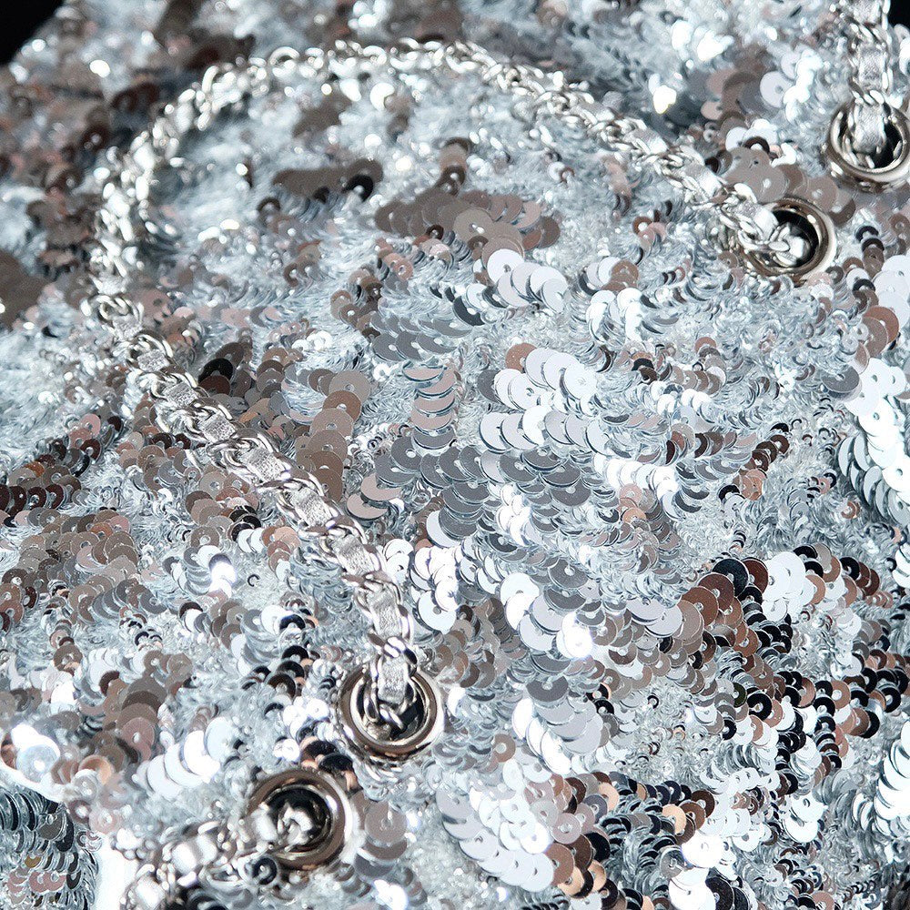 25C Flap Bag 21cm Dense Silver Sequin White Calfskin mysite