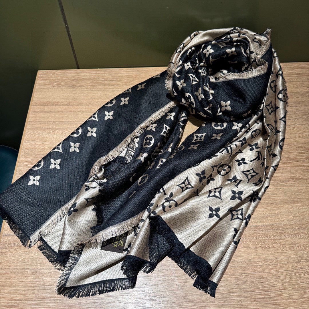 MONOGRAM SCARF 200 CM IN BLACK WOOL AND SILK 391065 mysite