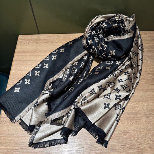 MONOGRAM SCARF 200 CM IN BLACK WOOL AND SILK 391065 mysite