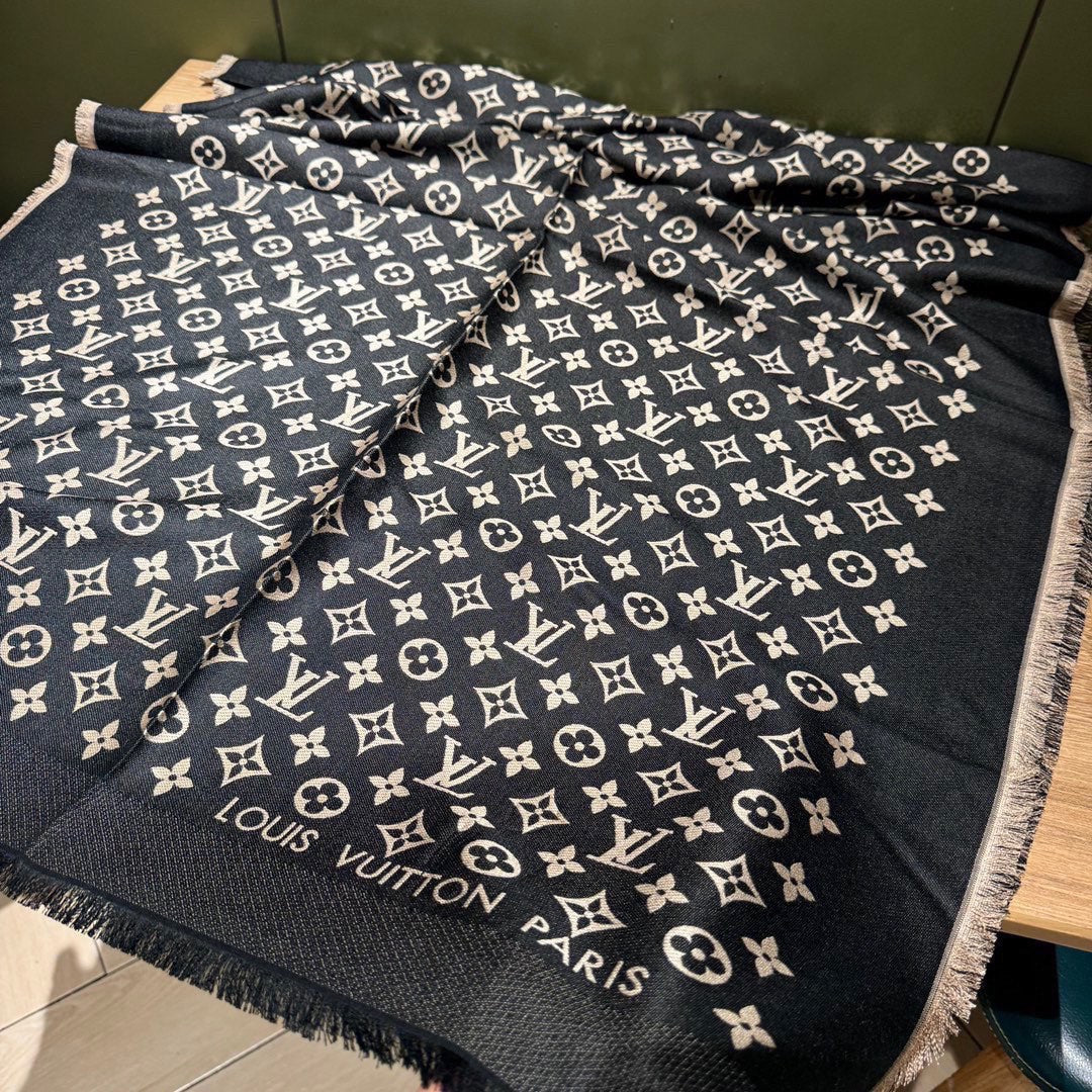 MONOGRAM SCARF 200 CM IN BLACK WOOL AND SILK 391065 mysite