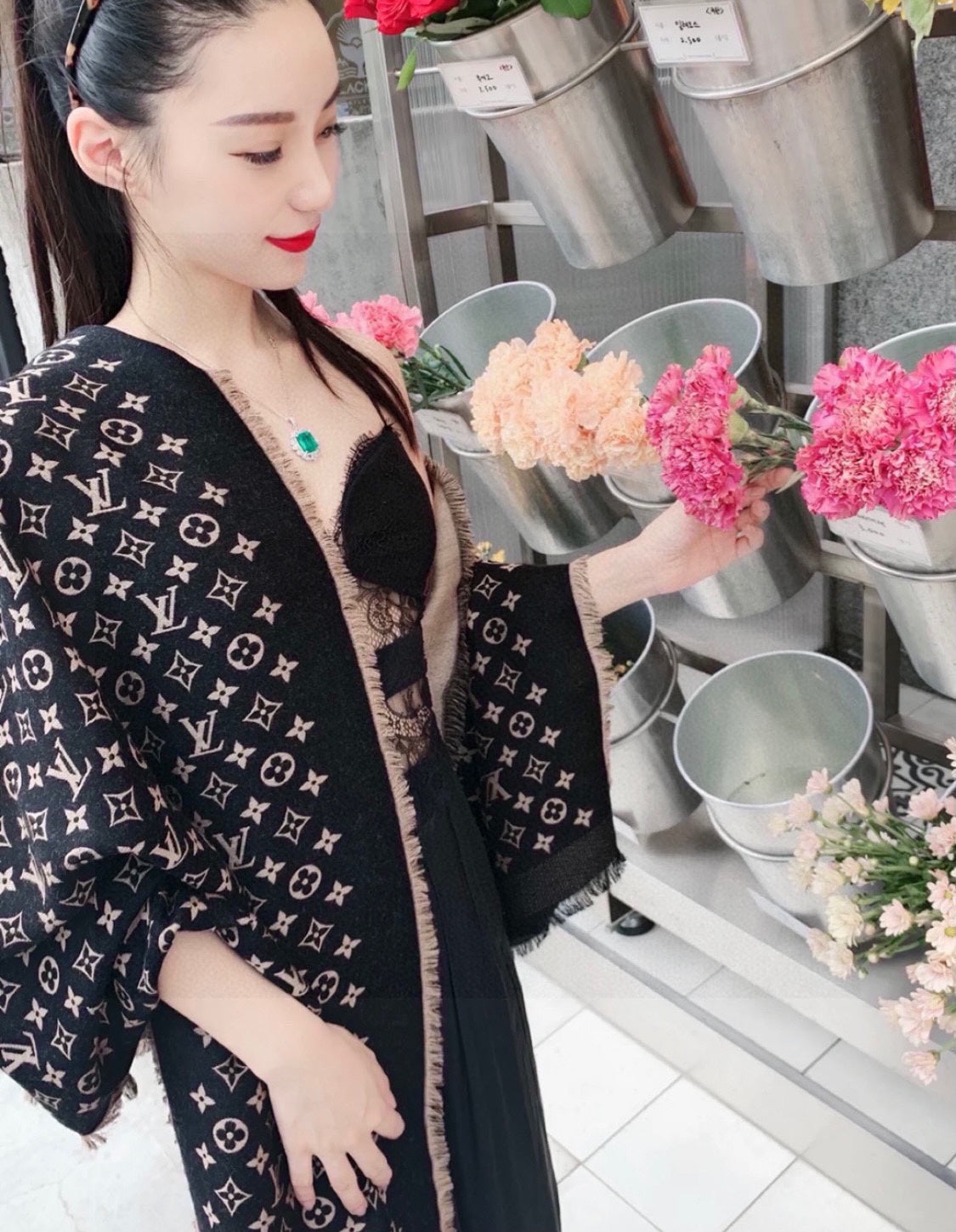 MONOGRAM SCARF 200 CM IN BLACK WOOL AND SILK 391065 mysite