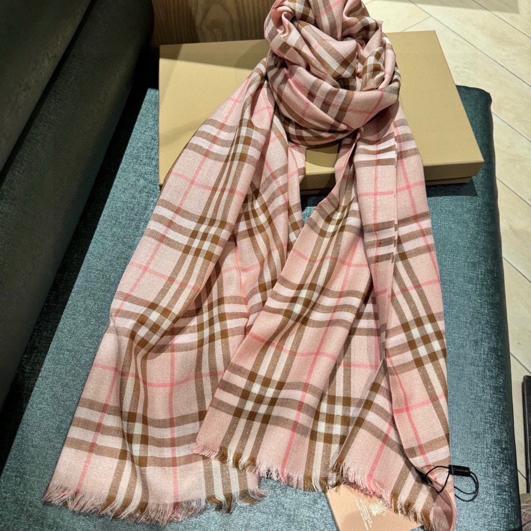 CHECK SCARF 200 CM IN ROSE PINK MIX CAMEL BROWN CASHMERE AND SILK 394665 mysite