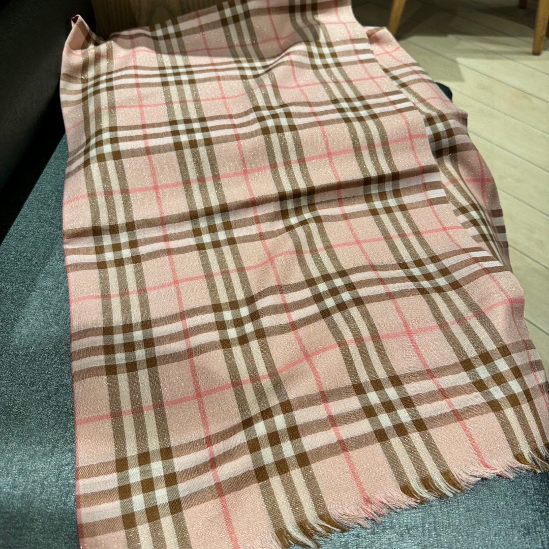 CHECK SCARF 200 CM IN ROSE PINK MIX CAMEL BROWN CASHMERE AND SILK 394665 mysite