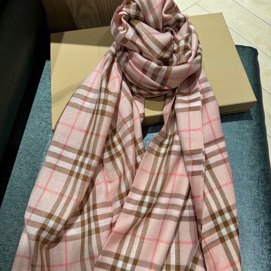 CHECK SCARF 200 CM IN ROSE PINK MIX CAMEL BROWN CASHMERE AND SILK 394665 mysite