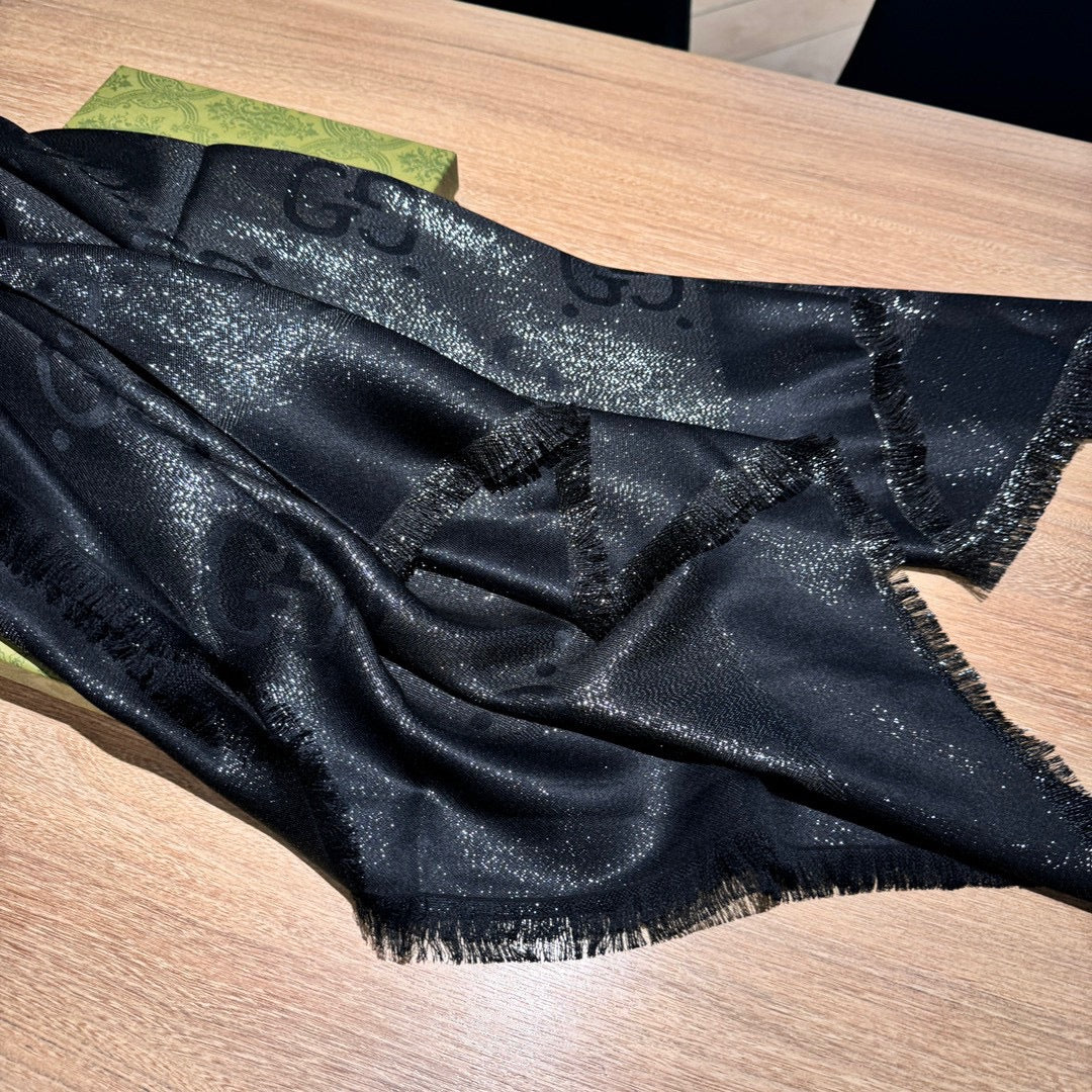 JACQUARD SILK WOOL SHAWL 140 CM BLACK 401257 mysite