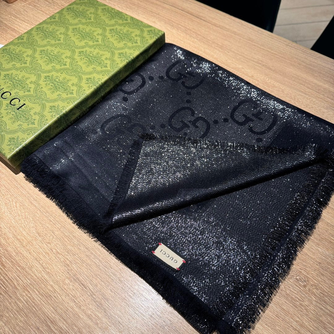 JACQUARD SILK WOOL SHAWL 140 CM BLACK 401257 mysite
