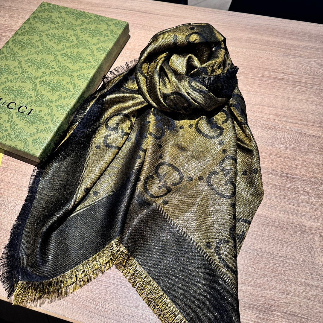 JACQUARD SILK WOOL SHAWL 140 CM ANTIQUE GOLD 401258 mysite